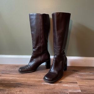 Brown leather square toe knee high boots